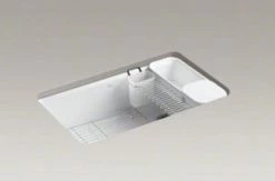Hot Sale 🔔 KOHLER Riverby® 33 x 22 in. 5 Hole Cast Iron Single Bowl Undermount Kitchen Sink in White - Accessories Included 🧨
