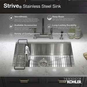 Outlet 😍 KOHLER Strive® 29 x 18-5/16 in. Stainless Steel Single Bowl Undermount Kitchen Sink with SilentShield Sound Dampening - Includes Utility Shelf and Bottom Sink Rack 😍 4 Outlet 😍 KOHLER Strive® 29 x 18-5/16 in. Stainless Steel Single Bowl Undermount Kitchen Sink with SilentShield Sound Dampening - Includes Utility Shelf and Bottom Sink Rack 😍 - Image 2