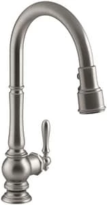 Discount 🥰 KOHLER Artifacts® Single Handle Pull Down Kitchen Faucet with Three-Function Spray, Magnetic Docking and Sweep Spray Technology in Vibrant® Stainless 🎉