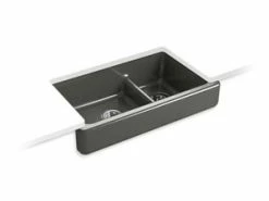 Wholesale 🌟 KOHLER Whitehaven® 35-1/2 x 21-9/16 in. Cast Iron Double Bowl Farmhouse Kitchen Sink with Smart Divide in Thunder™ Grey 🛒