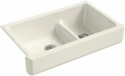 Cheapest 🧨 KOHLER Whitehaven® 35-1/2 x 21-9/16 in. Cast Iron Double Bowl Farmhouse Kitchen Sink with Smart Divide in Biscuit 🧨