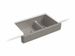 Best Pirce 👏 KOHLER Whitehaven® 35-1/2 x 21-9/16 in. Cast Iron Double Bowl Farmhouse Kitchen Sink with Smart Divide in Cashmere 🔥