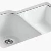 Wholesale ⌛ KOHLER Executive Chef™ 33 x 22 in. 4 Hole Cast Iron Double Bowl Undermount Kitchen Sink in White 🎁 -Kitchen and bathroom Sale Query 232