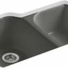 New 🔥 KOHLER Executive Chef™ 33 x 22 in. 4 Hole Cast Iron Double Bowl Undermount Kitchen Sink in Thunder™ Grey 👍 -Kitchen and bathroom Sale Query 234
