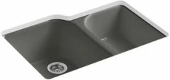 New 🔥 KOHLER Executive Chef™ 33 x 22 in. 4 Hole Cast Iron Double Bowl Undermount Kitchen Sink in Thunder™ Grey 👍