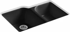 Best Sale 🎁 KOHLER Executive Chef™ 33 x 22 in. 4 Hole Cast Iron Double Bowl Undermount Kitchen Sink in Black Black™ 🥰