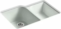 Discount ✨ KOHLER Executive Chef™ 33 x 22 in. 4 Hole Cast Iron Double Bowl Undermount Kitchen Sink in Sea Salt™ 🧨