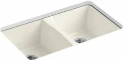 Best Sale 😀 KOHLER Deerfield® 33 x 22 in. 5 Hole Cast Iron Double Bowl Undermount Kitchen Sink in Biscuit 🎁