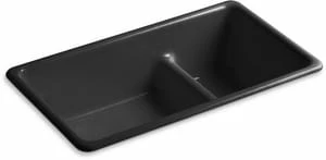 Discount 💯 KOHLER Iron/Tones® 33 x 18-3/4 in. No Hole Cast Iron Double Bowl Dual Mount Kitchen Sink in Black Black™ 👏 3 Discount 💯 KOHLER Iron/Tones® 33 x 18-3/4 in. No Hole Cast Iron Double Bowl Dual Mount Kitchen Sink in Black Black™ 👏