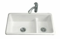 Best reviews of 🧨 KOHLER Iron/Tones® 33 x 18-3/4 in. No Hole Cast Iron Double Bowl Dual Mount Kitchen Sink in Sea Salt™ ❤️