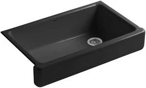 Outlet 🎁 KOHLER Whitehaven® 35-1/2 x 21-9/16 in. Cast Iron Single Bowl Farmhouse Kitchen Sink with Short Apron in Black Black™ 🎁 3 Outlet 🎁 KOHLER Whitehaven® 35-1/2 x 21-9/16 in. Cast Iron Single Bowl Farmhouse Kitchen Sink with Short Apron in Black Black™ 🎁