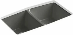 New 🔥 KOHLER Brookfield™ 33 x 22 in. 5 Hole Cast Iron Double Bowl Undermount Kitchen Sink in Thunder™ Grey 🎉