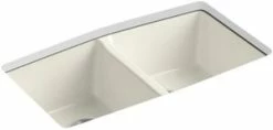 Promo 🥰 KOHLER Brookfield™ 33 x 22 in. 5 Hole Cast Iron Double Bowl Undermount Kitchen Sink in Biscuit 🎁
