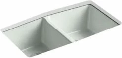 Flash Sale 😉 KOHLER Brookfield™ 33 x 22 in. 5 Hole Cast Iron Double Bowl Undermount Kitchen Sink in Sea Salt™ 👏