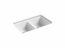 Best Pirce 🌟 KOHLER Riverby® 33 x 22 in. 5-Hole Cast Iron Double Bowl Undermount Kitchen Sink in White 👏