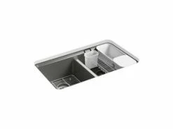 Outlet ⌛ KOHLER Riverby® 33 x 22 in. 5-Hole Cast Iron Double Bowl Undermount Kitchen Sink in Thunder™ Grey 😀