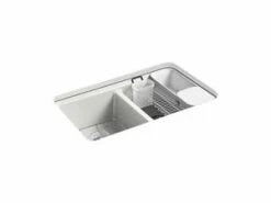 Budget 😉 KOHLER Riverby® 33 x 22 in. 5-Hole Cast Iron Double Bowl Undermount Kitchen Sink in Sea Salt™ ✨