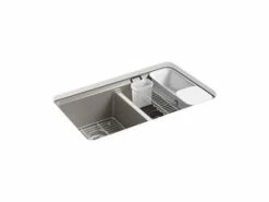 Flash Sale 🛒 KOHLER Riverby® 33 x 22 in. 5-Hole Cast Iron Double Bowl Undermount Kitchen Sink in Cashmere 👏