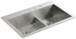 Best Sale 🧨 KOHLER Vault™ 33 x 22 in. 3 Hole Stainless Steel Double Bowl Dual Mount Kitchen Sink 😉