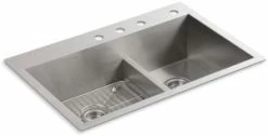 Cheap 😉 KOHLER Vault™ 33 x 22 in. 4 Hole Stainless Steel Double Bowl Dual Mount Kitchen Sink ✔️