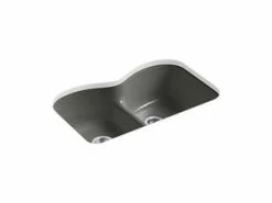 Outlet 😀 KOHLER Langlade® 33 x 22 in. 5 Hole Cast Iron Double Bowl Undermount Kitchen Sink in Thunder™ Grey 🎉