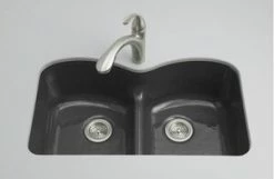 Best Sale 😍 KOHLER Langlade® 33 x 22 in. 5 Hole Cast Iron Double Bowl Undermount Kitchen Sink in Black Black™ 🤩