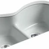 Promo 🌟 KOHLER Langlade® 33 x 22 in. 5 Hole Cast Iron Double Bowl Undermount Kitchen Sink in Ice™ Grey 😀 -Kitchen and bathroom Sale Query 479