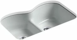 Promo 🌟 KOHLER Langlade® 33 x 22 in. 5 Hole Cast Iron Double Bowl Undermount Kitchen Sink in Ice™ Grey 😀