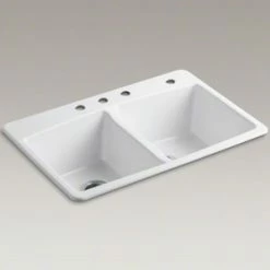 Hot Sale ✨ KOHLER Brookfield™ 33 x 22 in. 4 Hole Cast Iron Double Bowl Drop-in Kitchen Sink in White 🎉