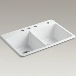 Hot Sale ✨ KOHLER Brookfield™ 33 x 22 in. 4 Hole Cast Iron Double Bowl Drop-in Kitchen Sink in White 🎉 3 Hot Sale ✨ KOHLER Brookfield™ 33 x 22 in. 4 Hole Cast Iron Double Bowl Drop-in Kitchen Sink in White 🎉