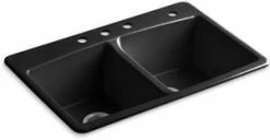 Outlet 🥰 KOHLER Brookfield™ 33 x 22 in. 4 Hole Cast Iron Double Bowl Drop-in Kitchen Sink in Black 💯