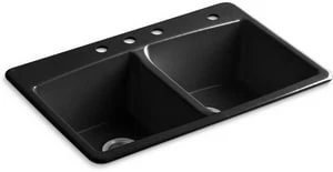 Outlet 🥰 KOHLER Brookfield™ 33 x 22 in. 4 Hole Cast Iron Double Bowl Drop-in Kitchen Sink in Black 💯 3 Outlet 🥰 KOHLER Brookfield™ 33 x 22 in. 4 Hole Cast Iron Double Bowl Drop-in Kitchen Sink in Black 💯