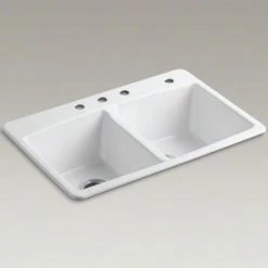 Brand new 🎁 KOHLER Brookfield™ 33 x 22 in. 4 Hole Cast Iron Double Bowl Drop-in Kitchen Sink in Biscuit 🔔