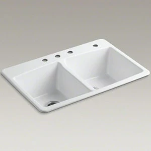 Brand new 🎁 KOHLER Brookfield™ 33 x 22 in. 4 Hole Cast Iron Double Bowl Drop-in Kitchen Sink in Biscuit 🔔 3 Brand new 🎁 KOHLER Brookfield™ 33 x 22 in. 4 Hole Cast Iron Double Bowl Drop-in Kitchen Sink in Biscuit 🔔