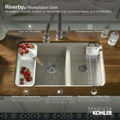 Cheap 🤩 KOHLER Riverby® 33 x 22 in. 5 Hole Cast Iron Double Bowl Undermount Kitchen Sink in White 🎉 -Kitchen and bathroom Sale Query 532