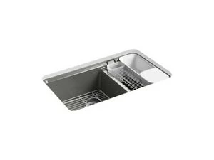 Cheap 🔔 KOHLER Riverby® 33 x 22 in. 5 Hole Cast Iron Double Bowl Undermount Kitchen Sink in Thunder™ Grey 🎉 3 Cheap 🔔 KOHLER Riverby® 33 x 22 in. 5 Hole Cast Iron Double Bowl Undermount Kitchen Sink in Thunder™ Grey 🎉