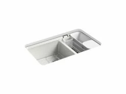 Promo 🎁 KOHLER Riverby® 33 x 22 in. 5 Hole Cast Iron Double Bowl Undermount Kitchen Sink in Sea Salt™ 🎉