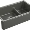 Budget 🌟 KOHLER Whitehaven® 35-11/16 x 21-9/16 in. Cast Iron Double Bowl Farmhouse Kitchen Sink with Smart Divide in Thunder™ Grey ⭐ -Kitchen and bathroom Sale Query 71