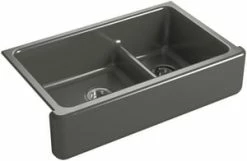 Budget 🌟 KOHLER Whitehaven® 35-11/16 x 21-9/16 in. Cast Iron Double Bowl Farmhouse Kitchen Sink with Smart Divide in Thunder™ Grey ⭐