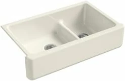 Discount 🎉 KOHLER Whitehaven® 35-11/16 x 21-9/16 in. Cast Iron Double Bowl Farmhouse Kitchen Sink with Smart Divide in Biscuit 👏