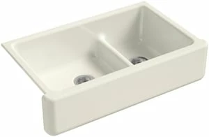 Discount 🎉 KOHLER Whitehaven® 35-11/16 x 21-9/16 in. Cast Iron Double Bowl Farmhouse Kitchen Sink with Smart Divide in Biscuit 👏 3 Discount 🎉 KOHLER Whitehaven® 35-11/16 x 21-9/16 in. Cast Iron Double Bowl Farmhouse Kitchen Sink with Smart Divide in Biscuit 👏