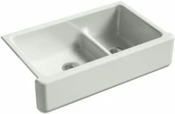 Outlet 🧨 KOHLER Whitehaven® 35-11/16 x 21-9/16 in. Cast Iron Double Bowl Farmhouse Kitchen Sink with Smart Divide in Sea Salt™ 👍