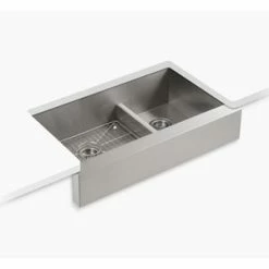 Budget 😉 KOHLER Vault™ 35-1/2 x 21-1/4 in. Stainless Steel Double Bowl Farmhouse Kitchen Sink with Smart Divide and Sound Dampening - Sink Rack Included 🔔